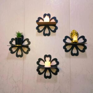 Set of 4 Black Flower Wall Shelves for Home Decor
