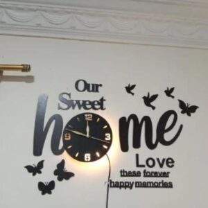 3D Wall Clock Black Glowing Birds Butterflies Modern Home Decor